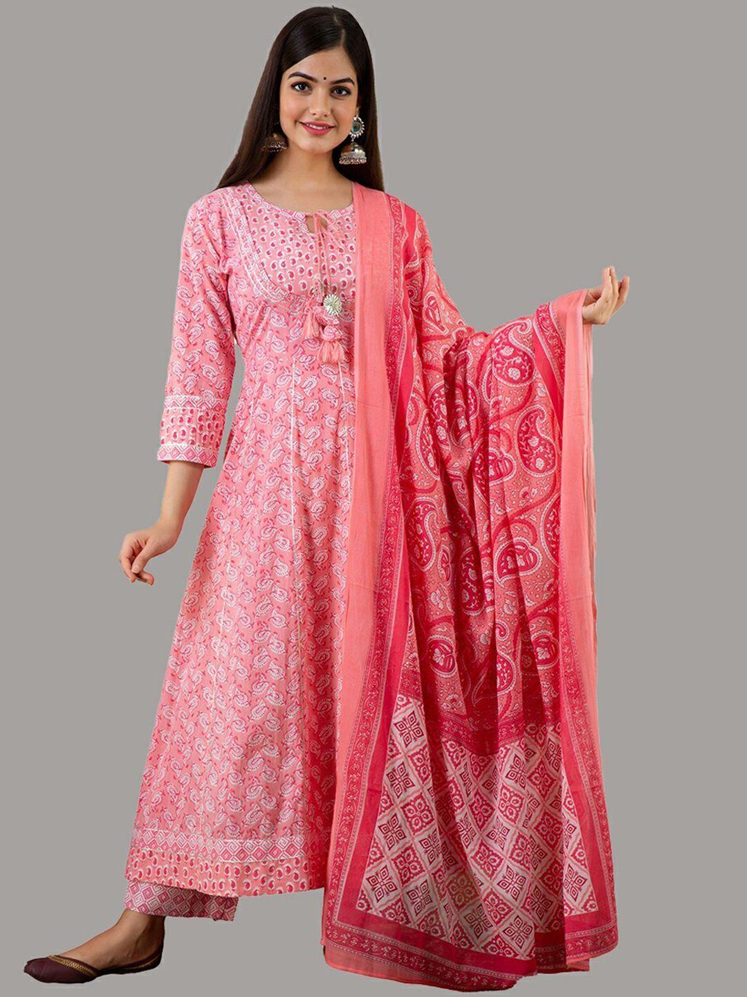 kalini women pink floral printed empire pure cotton kurta & trousers with dupatta