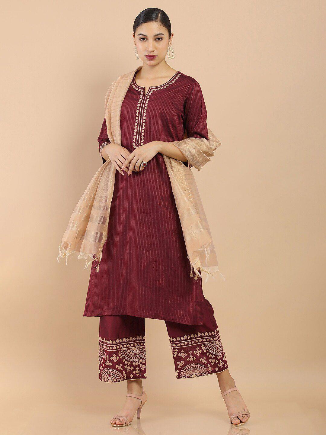 soch women maroon striped embroidered chanderi kurta with palazzos & dupatta