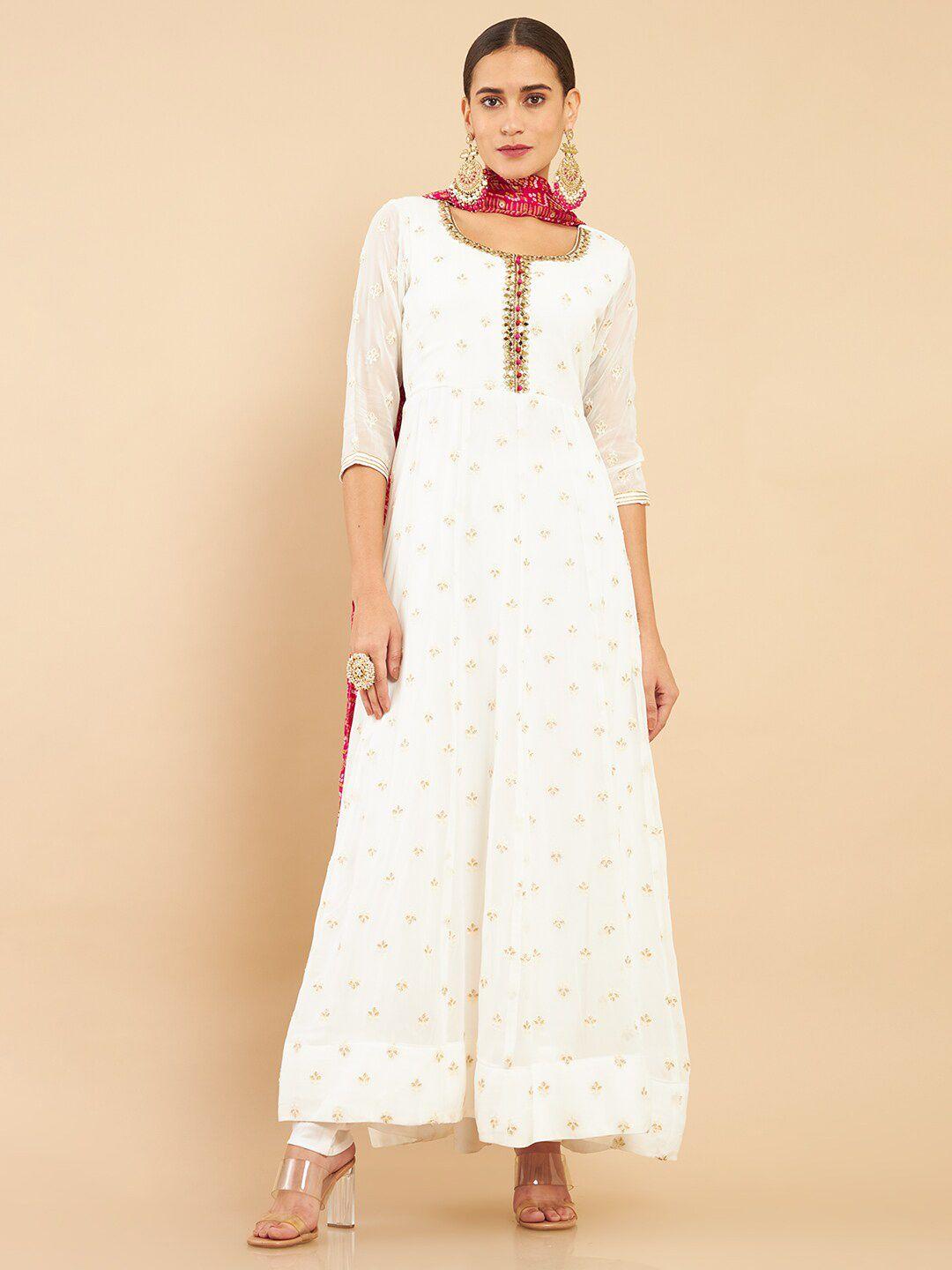 soch women white printed angrakha georgette kurta with churidar & with dupatta