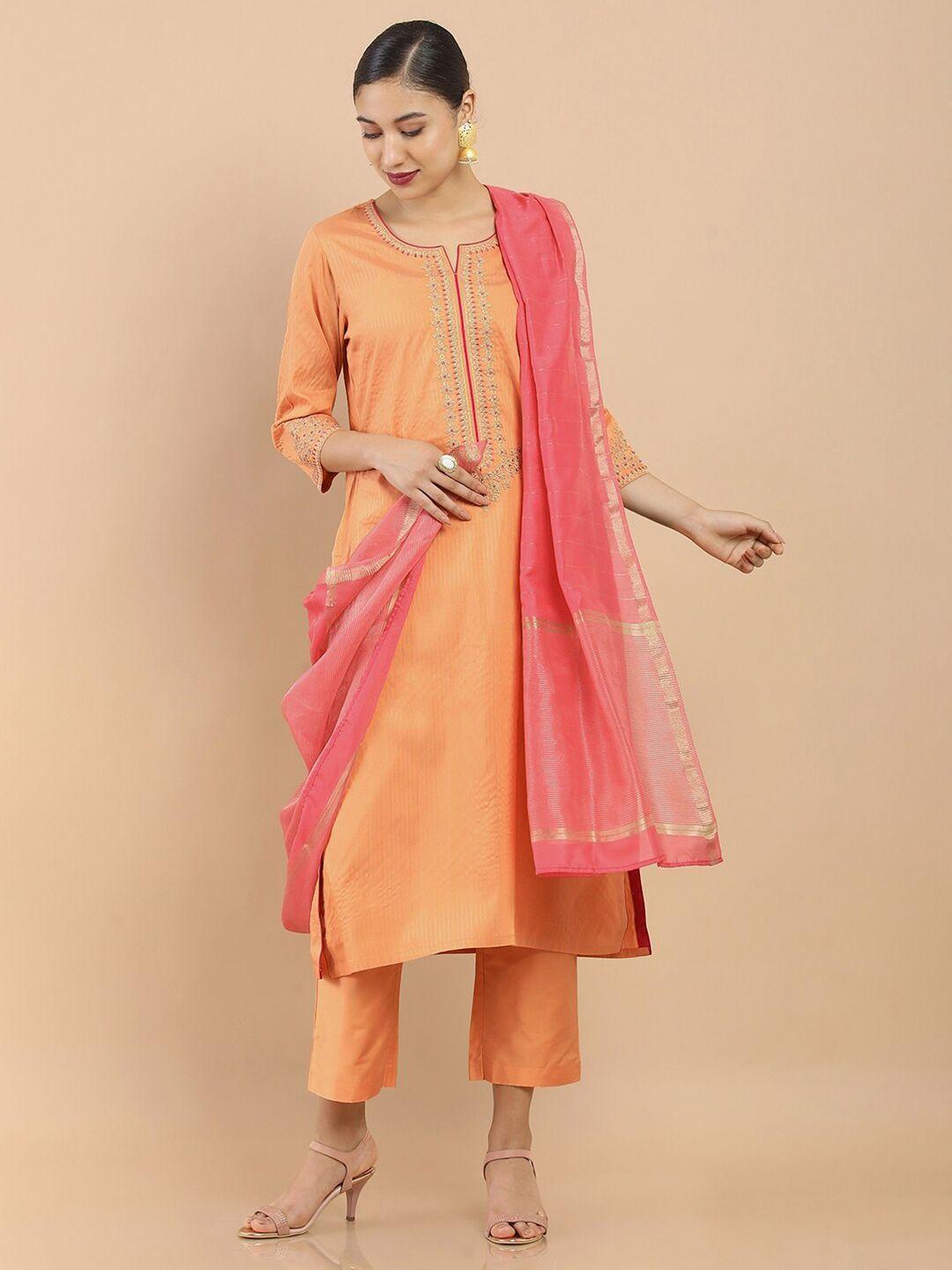 soch women orange ethnic motifs embroidered chanderi kurta set with dupatta