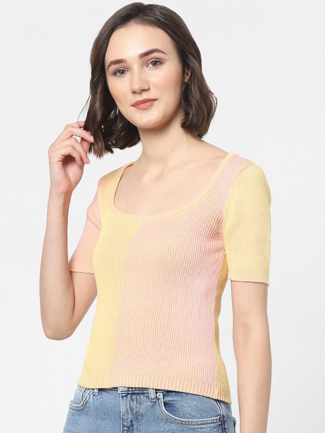 only women pink & yellow colourblocked cotton t-shirt