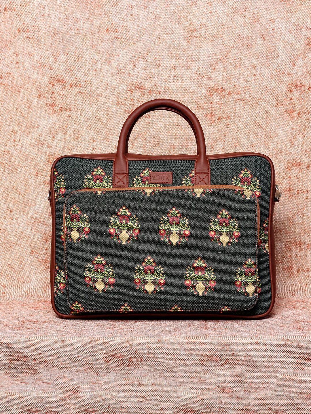 zouk women green & red printed 16 inch laptop bag