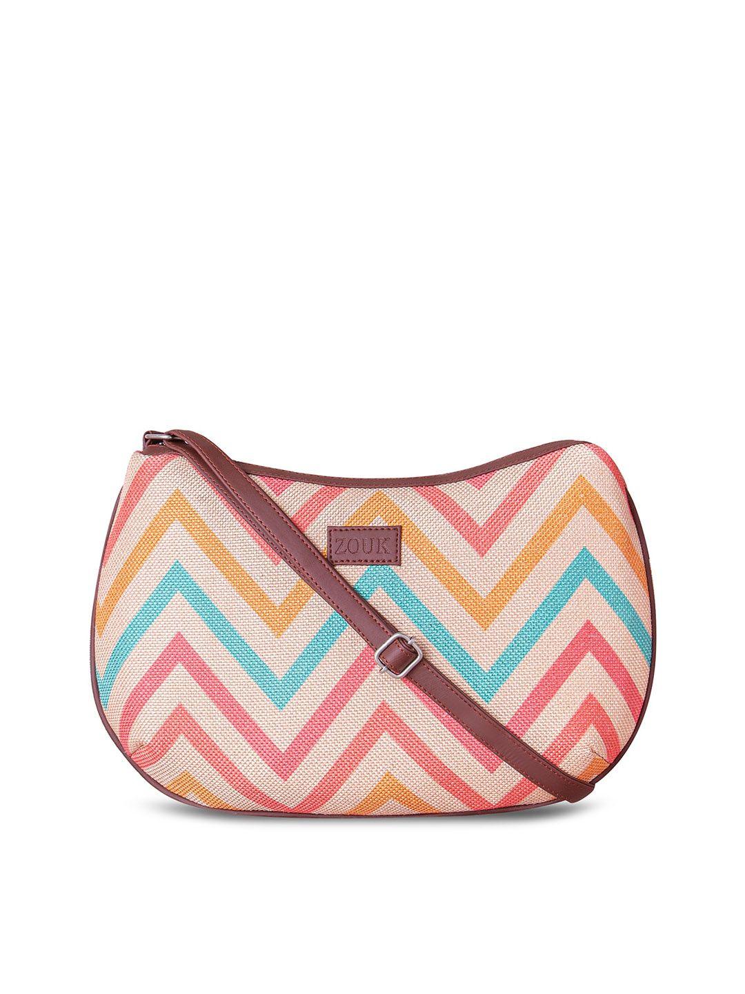 zouk pink geometric printed leather sling bag