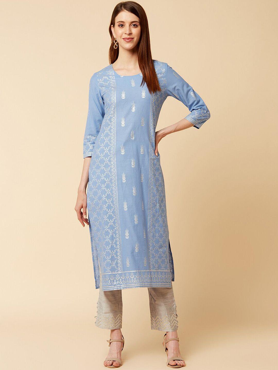 ksut women blue printed cotton kurta