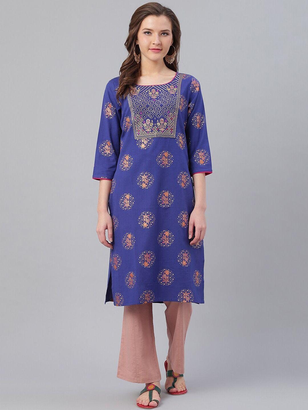 ksut women blue & gold-toned ethnic motifs printed cotton kurta