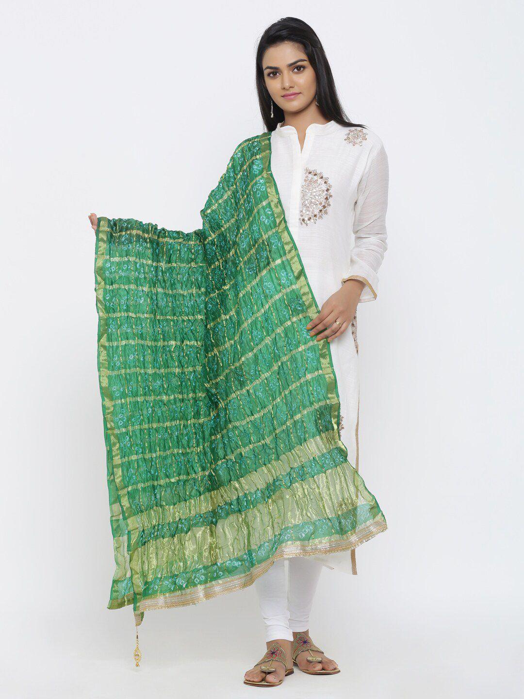 soundarya green & gold-toned striped art silk bandhani dupatta with gotta patti