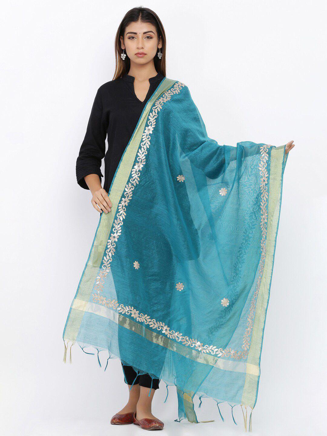 soundarya woman teal & gold-toned ethnic motifs  gotta patti dupatta