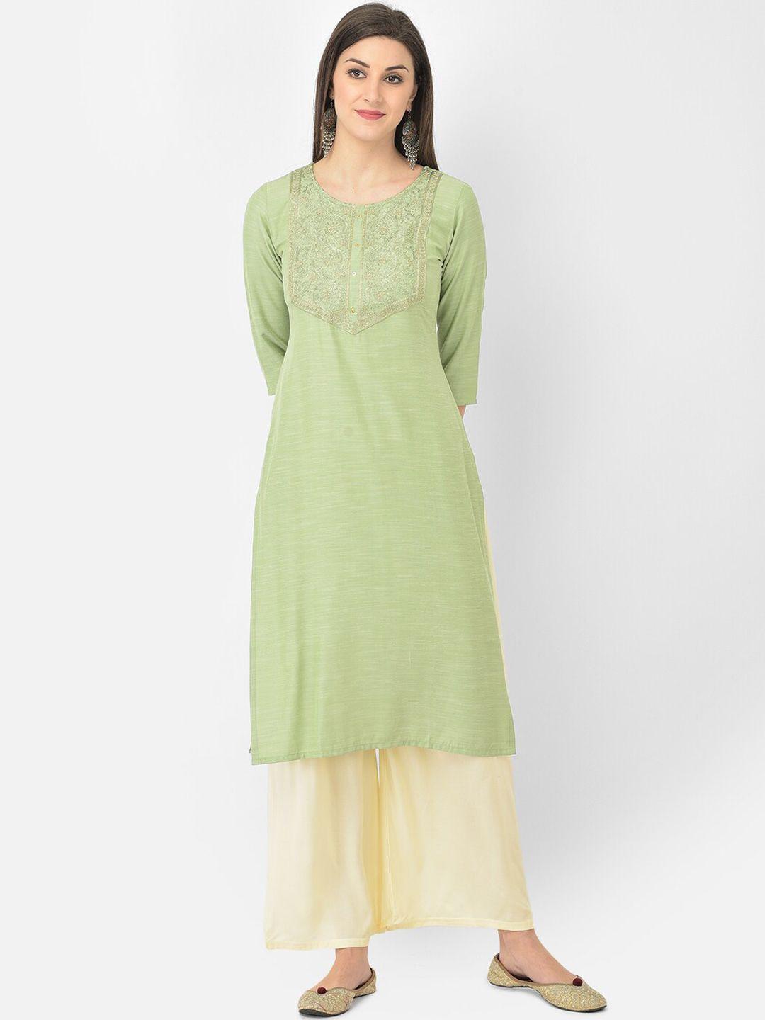 span women green yoke design thread work kurta