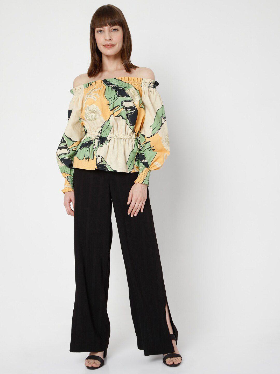 vero moda multicoloured tropical print off-shoulder bardot top