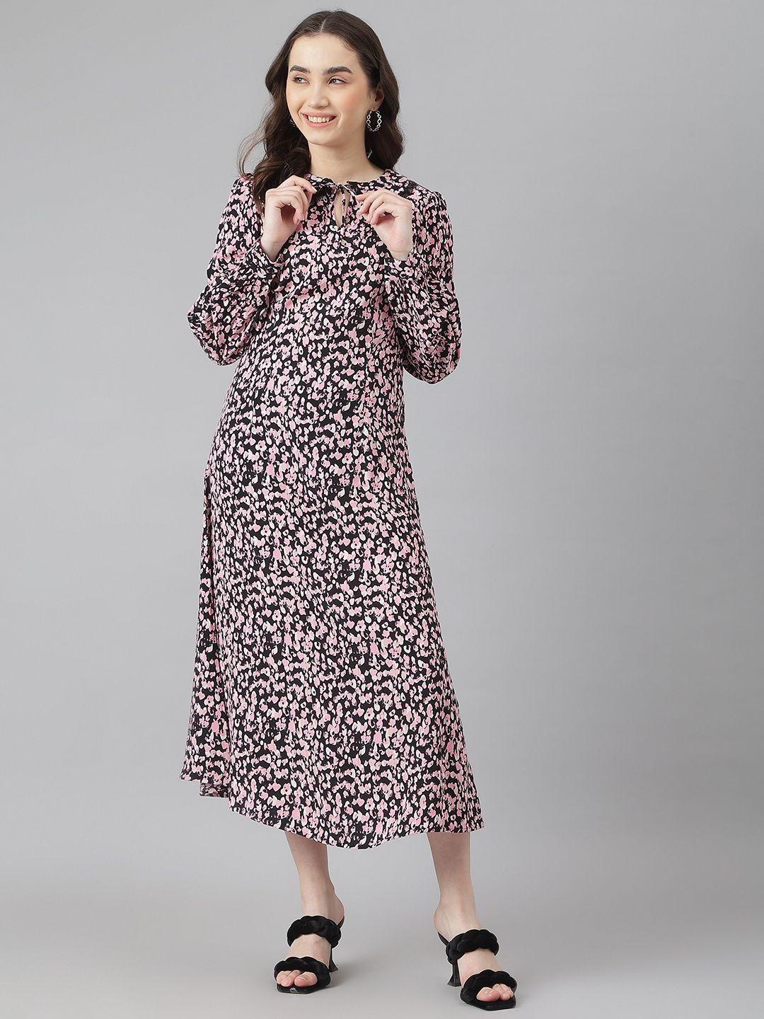 marks & spencer pink & black floral tie-up neck a-line midi dress