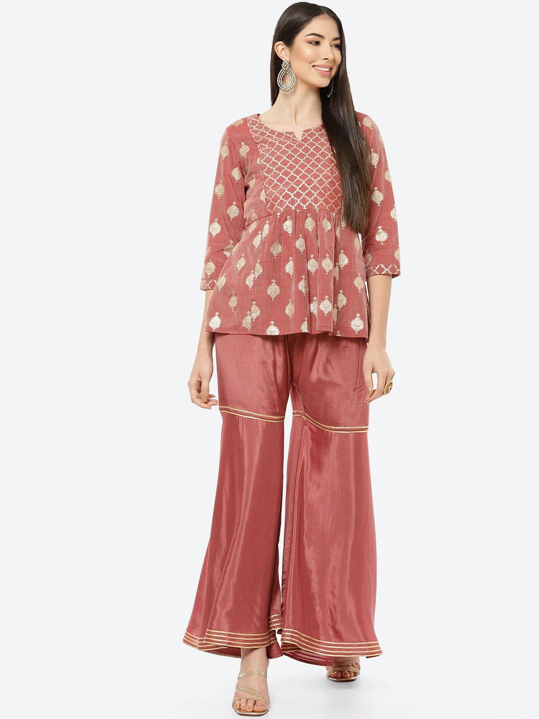 rangriti women pink & silver-toned ethnic motifs printed pleated kurti with sharara