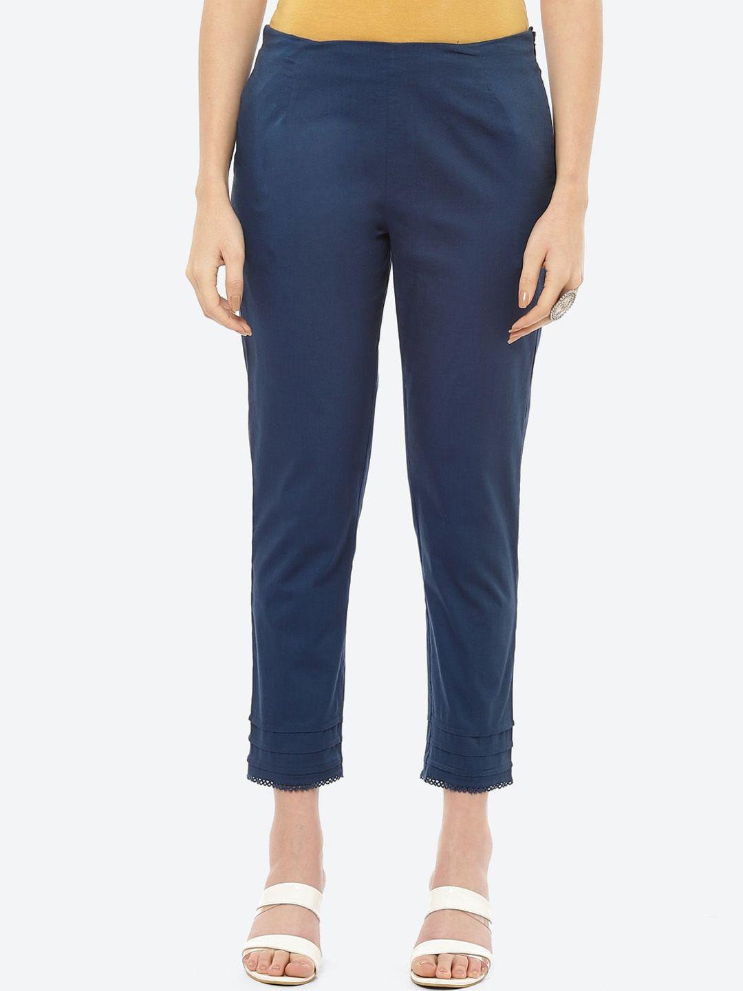 rangriti women navy blue slim fit trousers