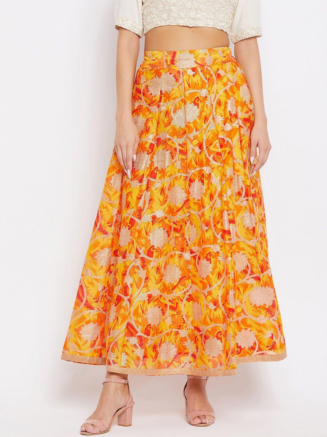 clora creation women yellow & orange floral printed flared skirts