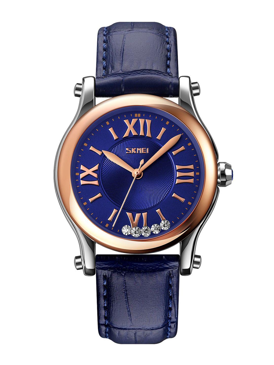 skmei women blue printed dial & leather textured straps analogue watch skmei_9265_blue