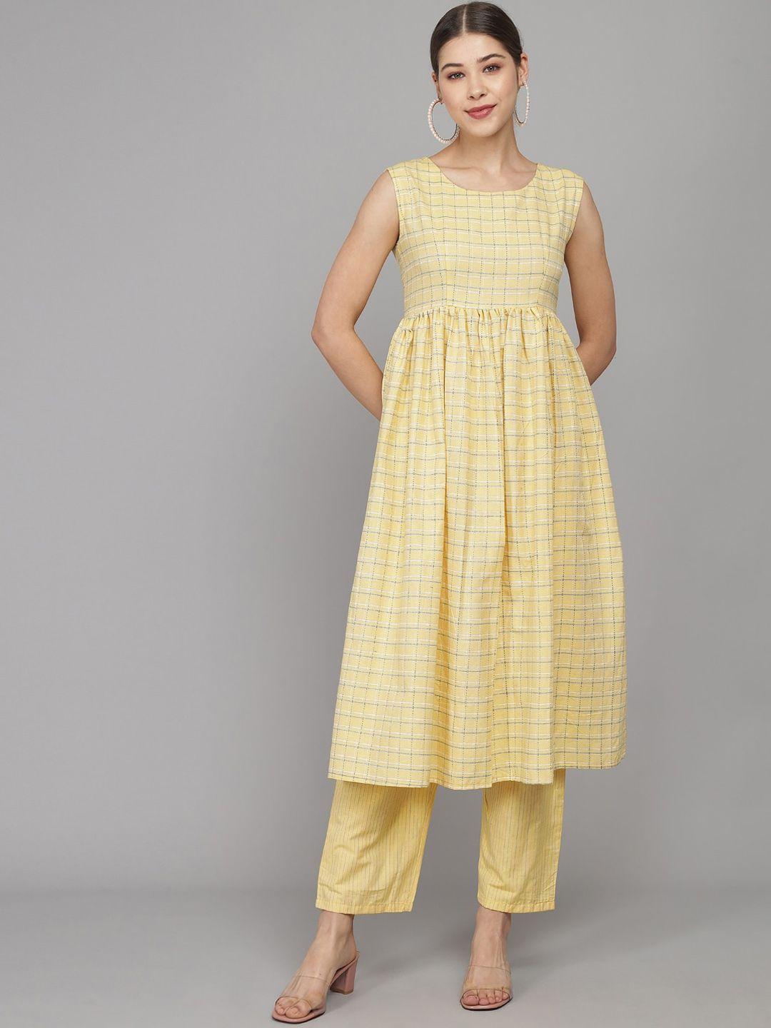 prakhya women yellow checks printed a-line kurta set