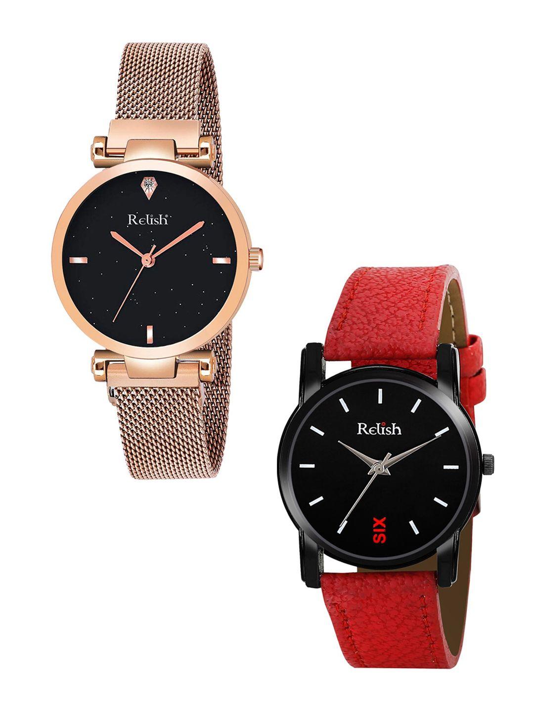 relish women black & red set of 2embellished dial & straps analogue watch