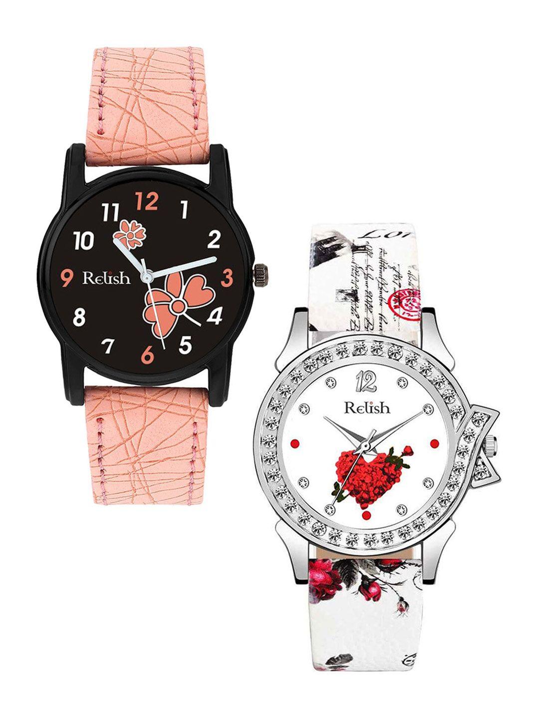 relish women white printed dial & pink bracelet style straps analogue watch re-l1123c