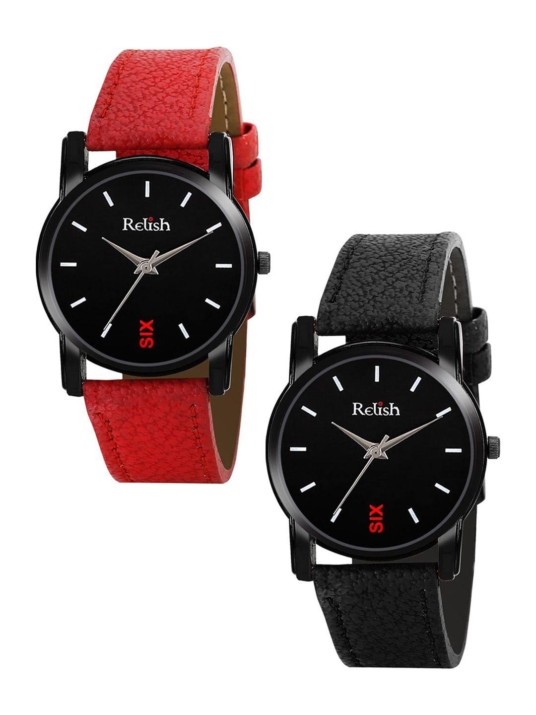 relish women pack of 2 red dial & multicoloured straps analogue watches re-l1124c