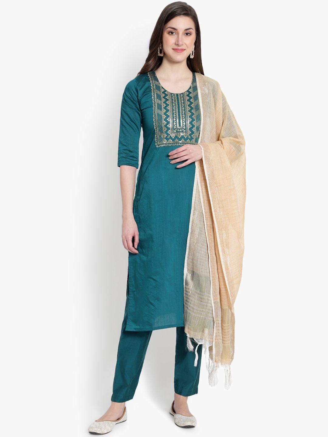 heemara women teal & gold-toned yoke design embroidered kurta with trousers & dupatta