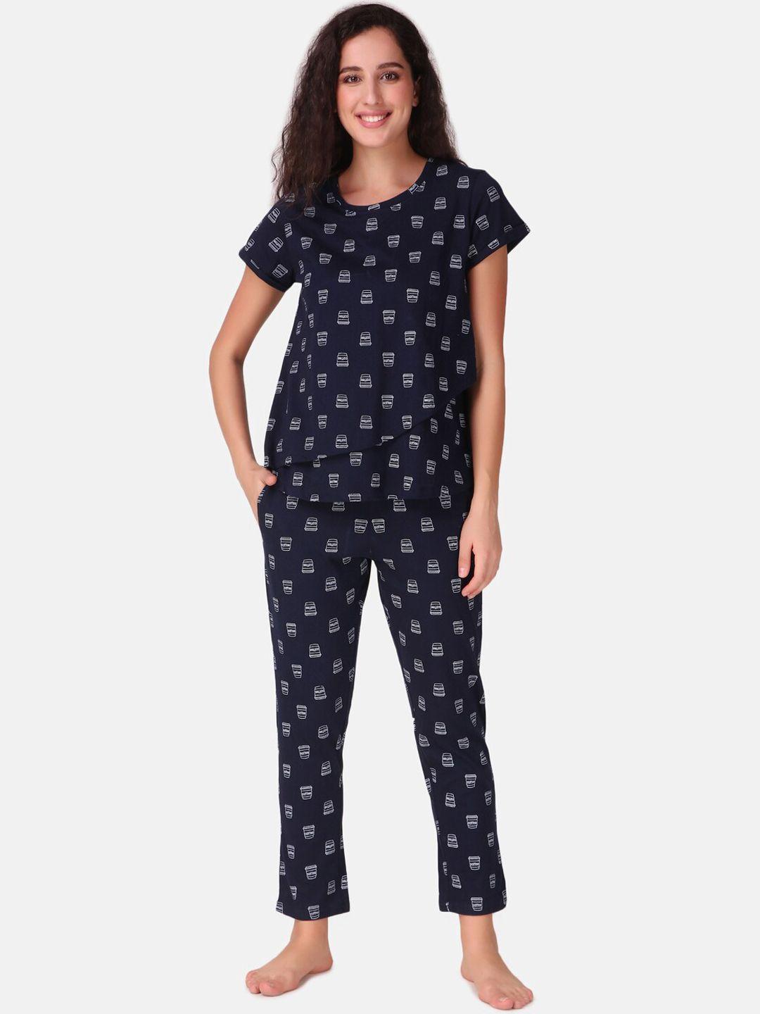 masha women navy blue & white printed cotton maternity night suit