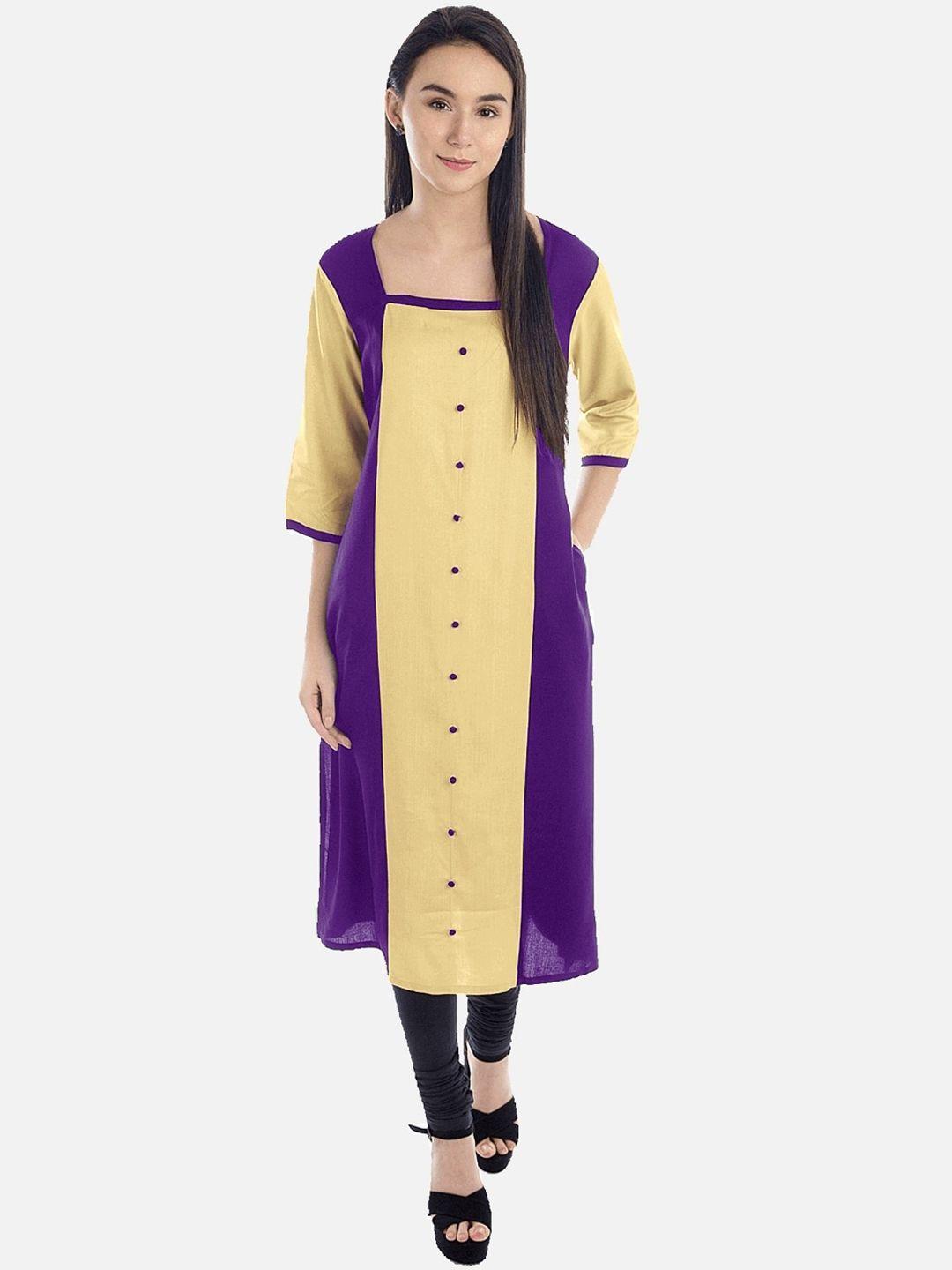 kalini women purple & yellow colourblocked cotton kurta