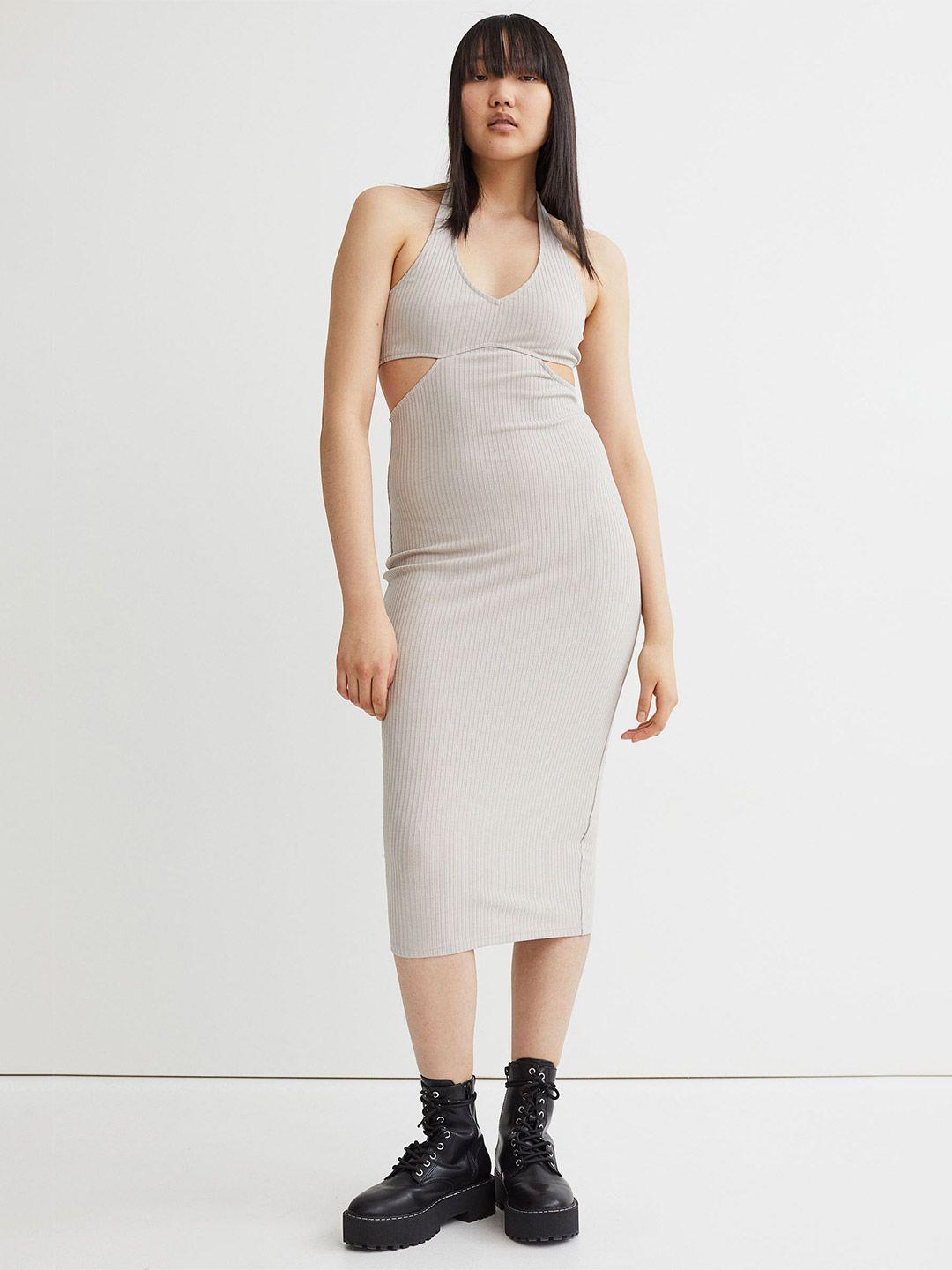 h&m women beige ribbed halterneck dress