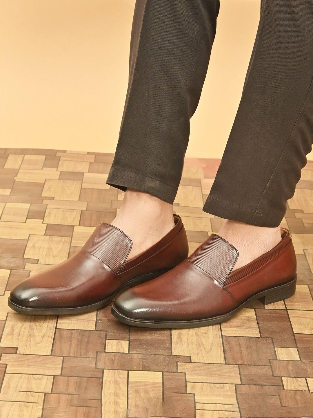 san frissco men coffee brown solid leather formal slip-on shoes