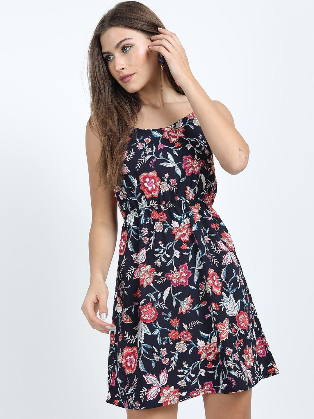 tokyo talkies navy blue & pink floral crepe dress