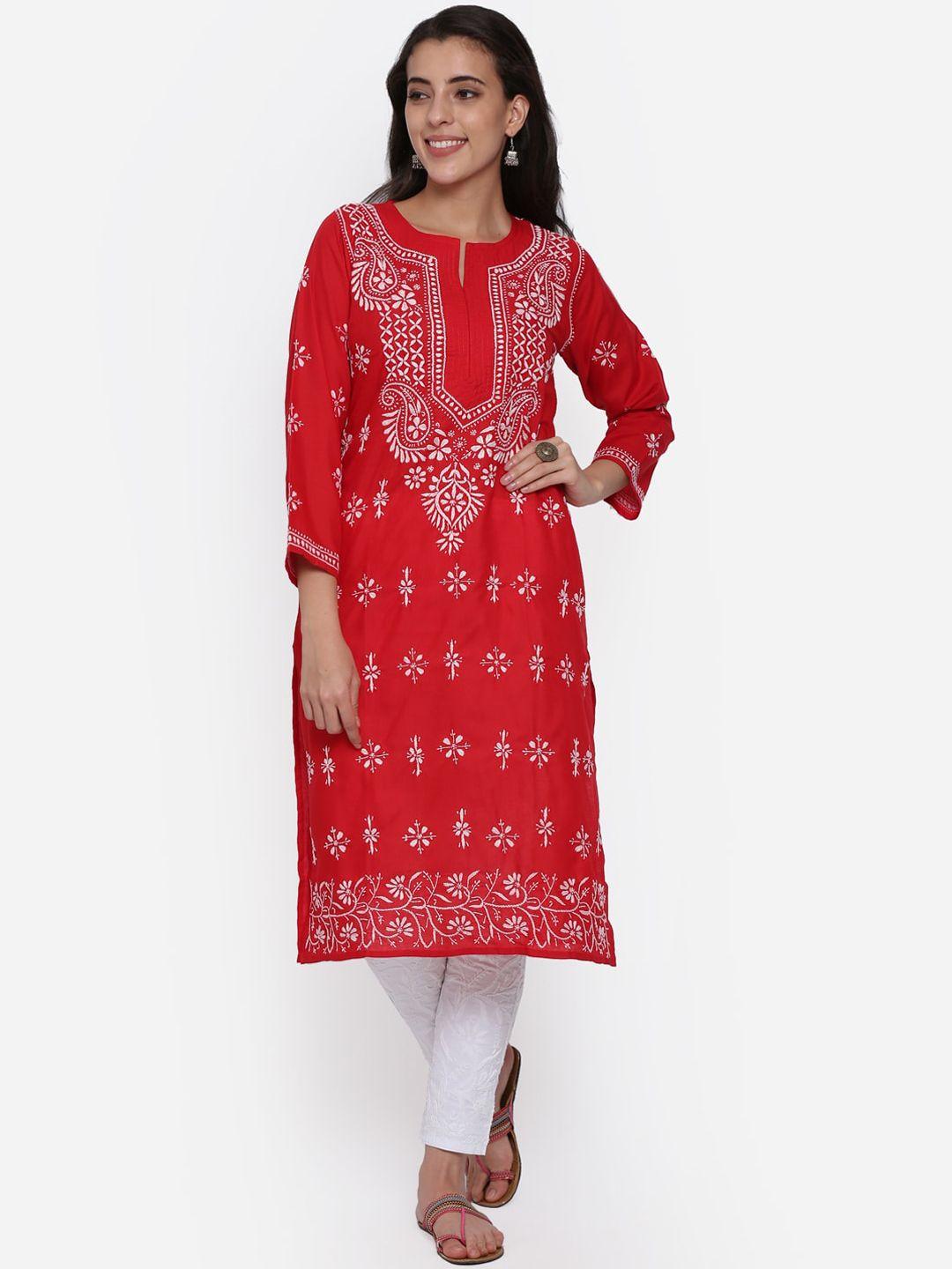 paramount chikan  women red & white ethnic motifs embroidered chikankari cotton kurta