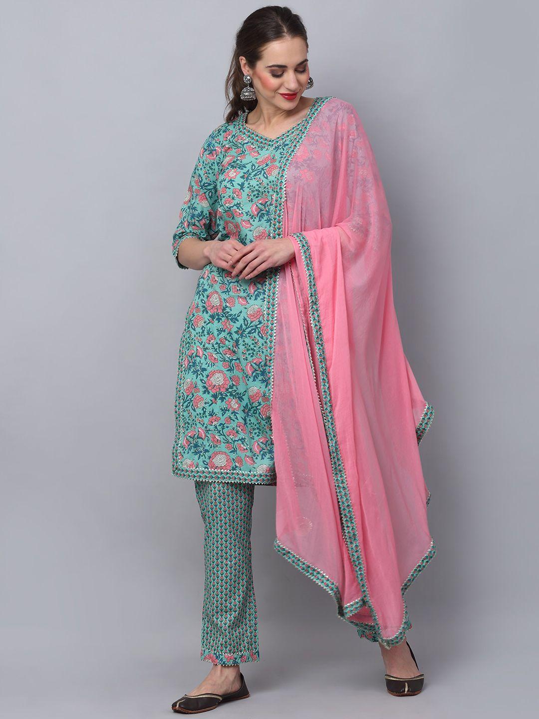 rudra bazaar women teal blue & pink gotta patti pure cotton kurta set & with dupatta