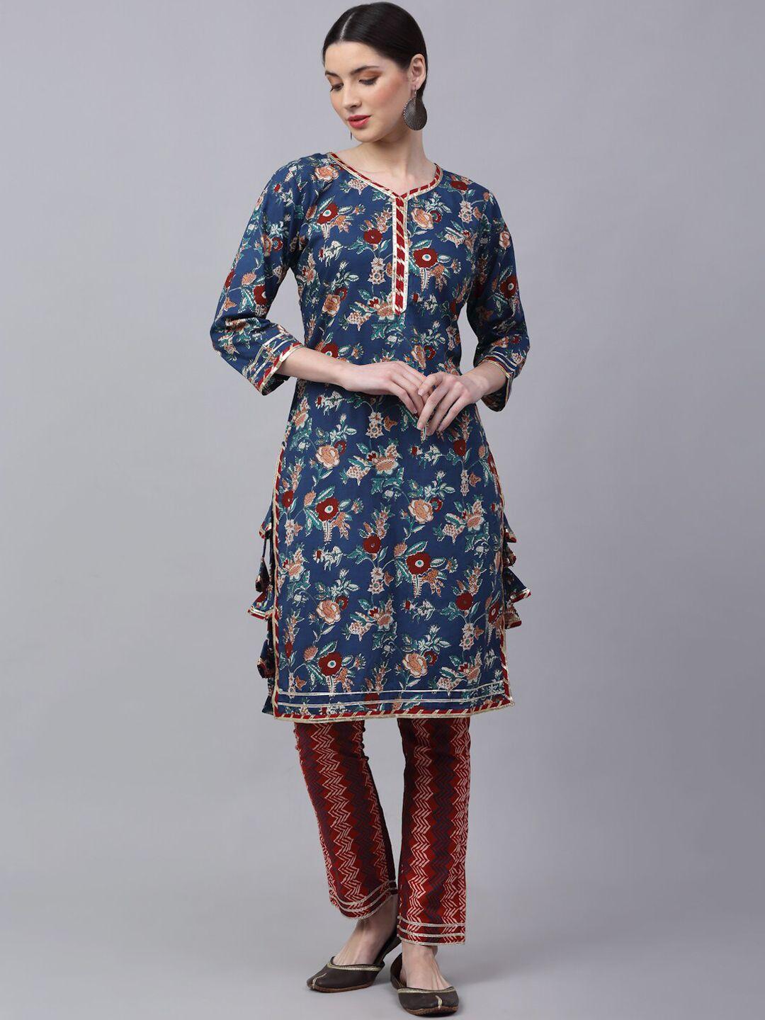 rudra bazaar women blue floral printed gotta patti pure cotton kurta with trousers