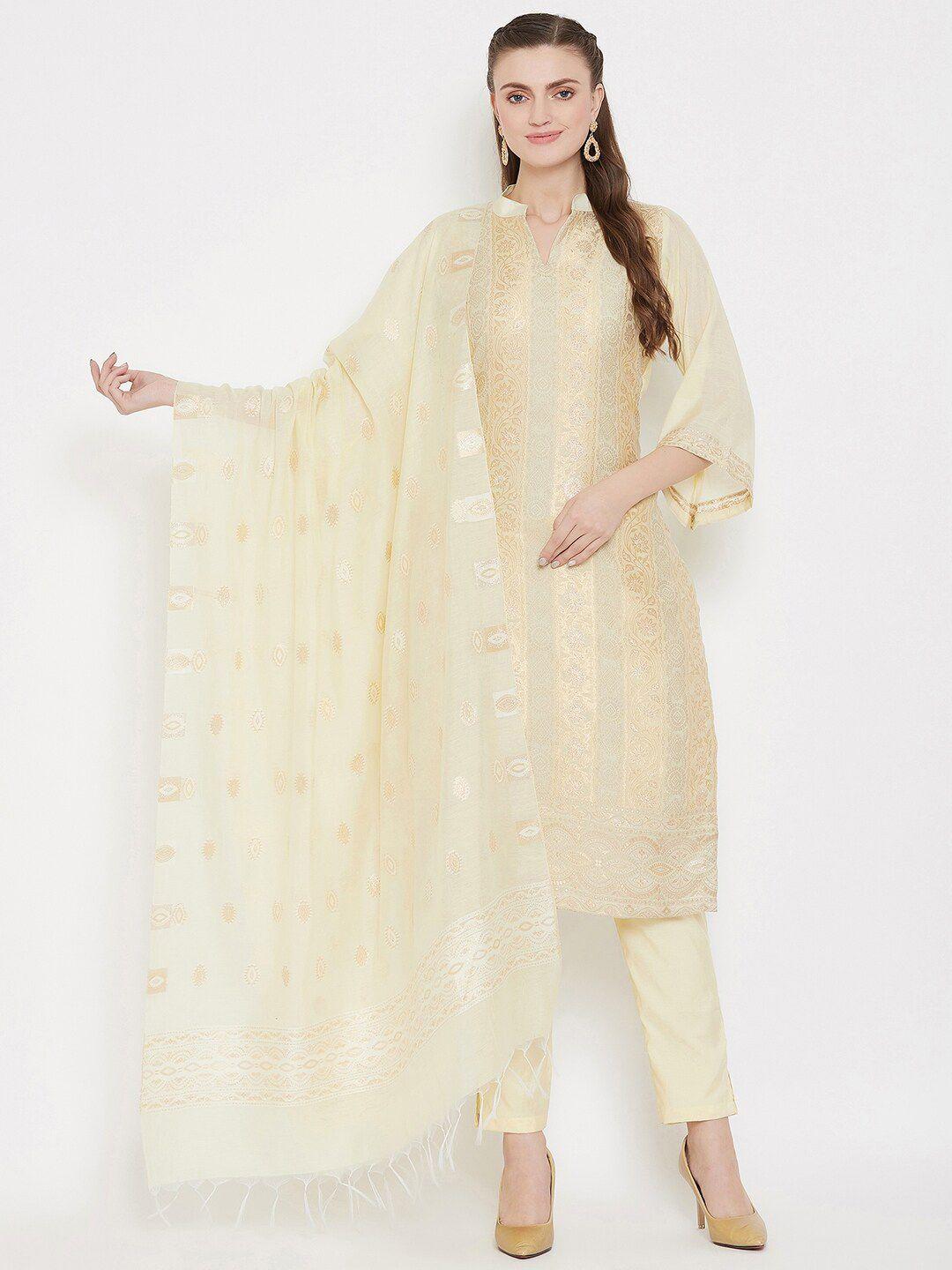 safaa cream-coloured & gold-toned unstitched dress material