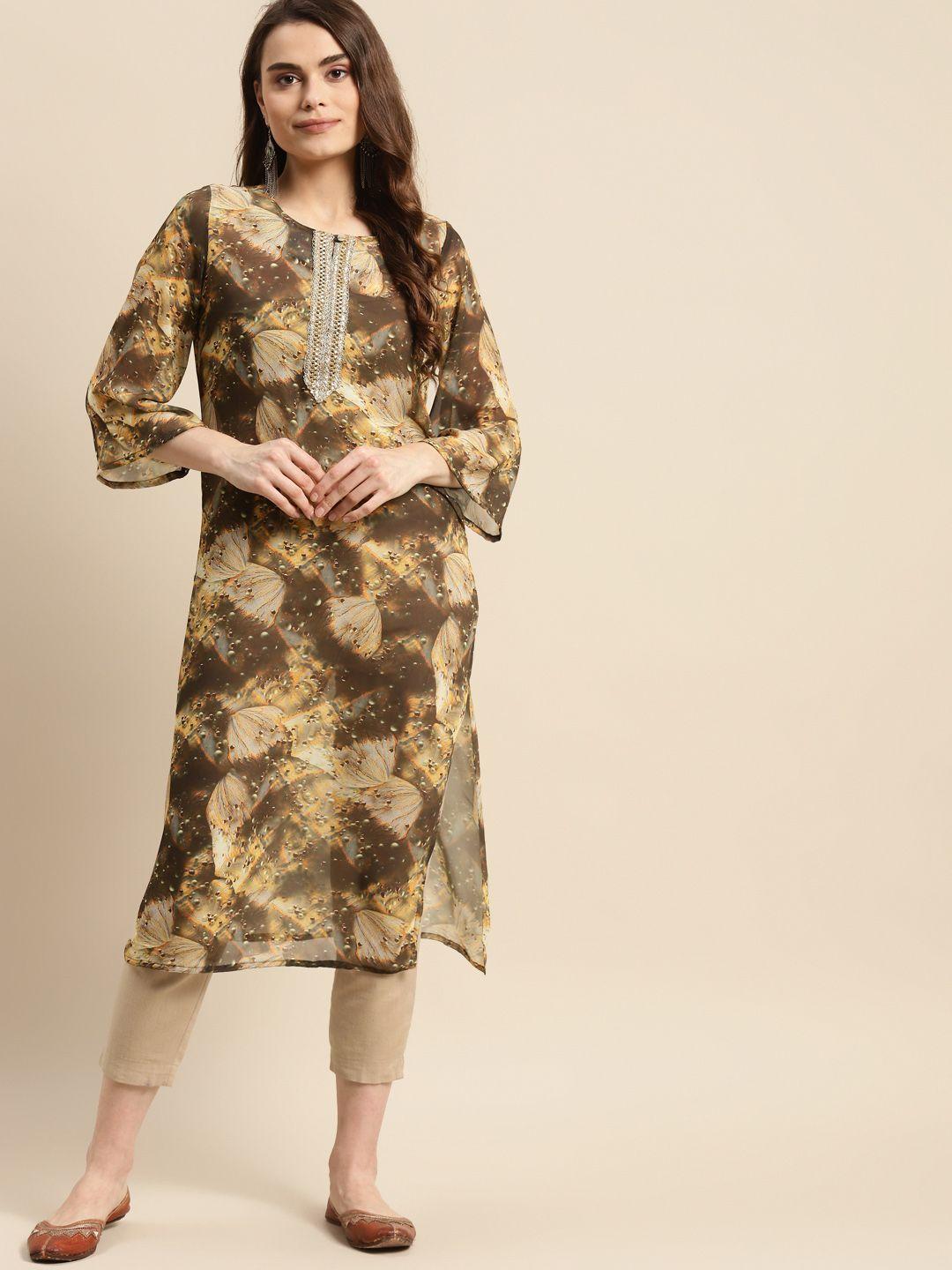 prakrti women mustard yellow & grey abstract printed georgette kurta