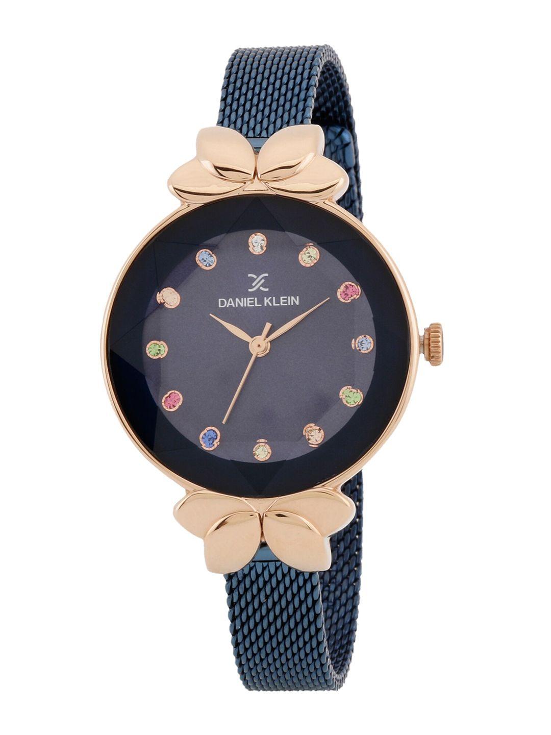 daniel klein women black & gold embellished dial with blue straps analogue wrist watch