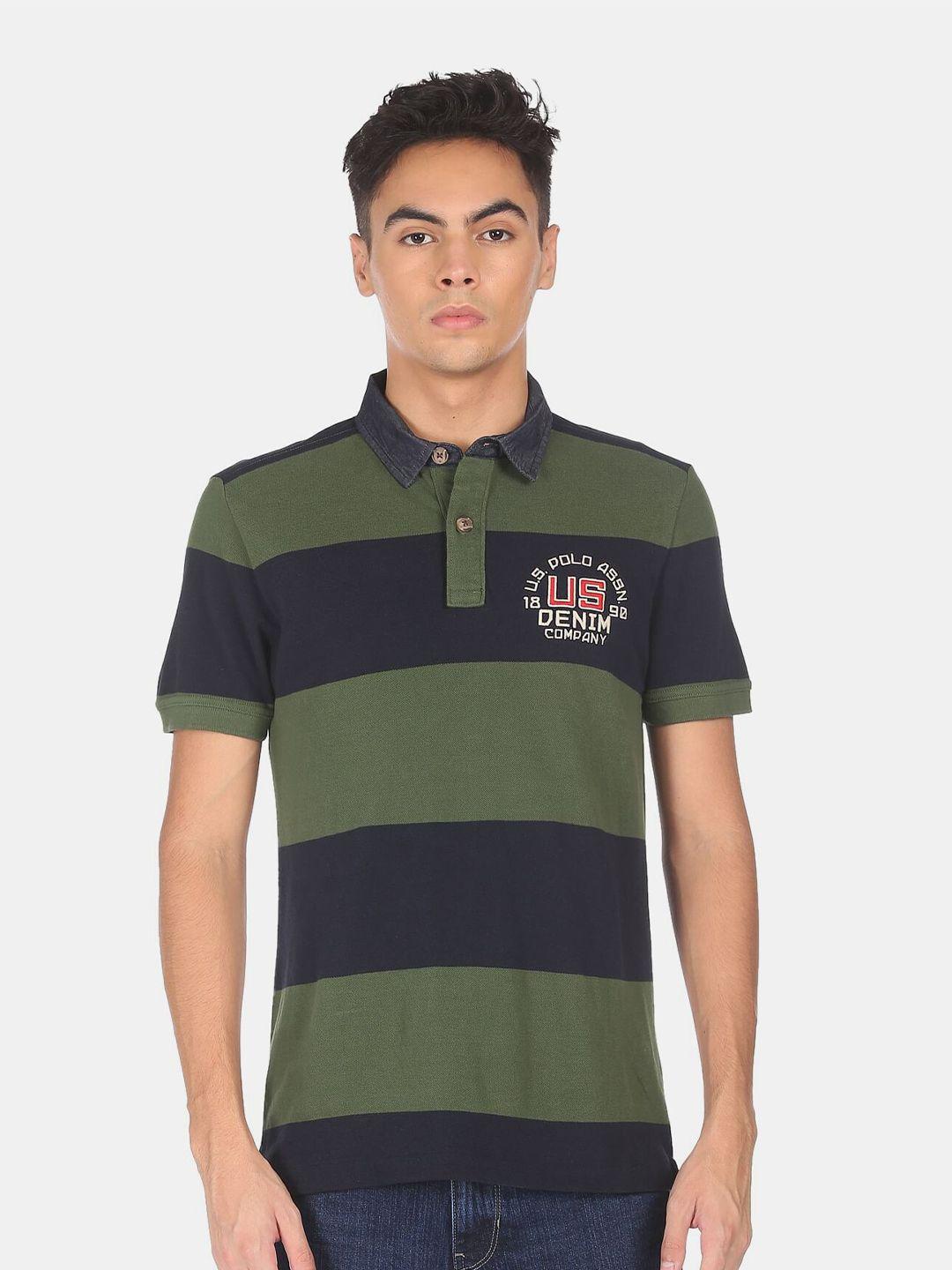 u.s. polo assn. denim co. denim co. men green & navy blue colourblocked pure cotton polo collar t-shirt