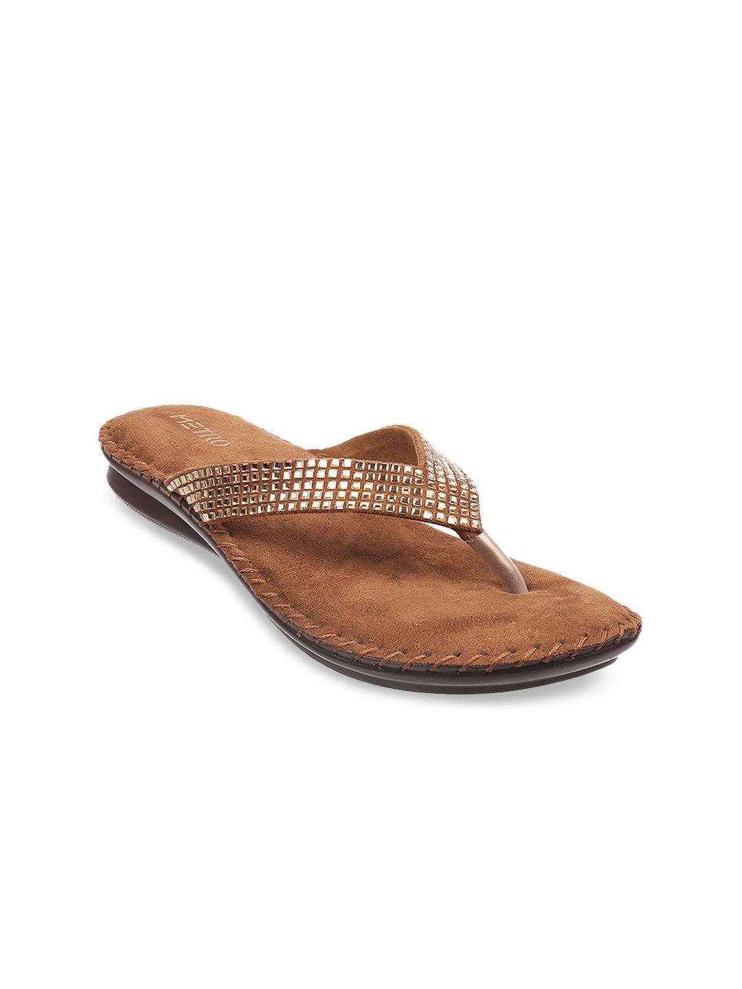 metro women gold-toned & tan brown embellished open toe flats