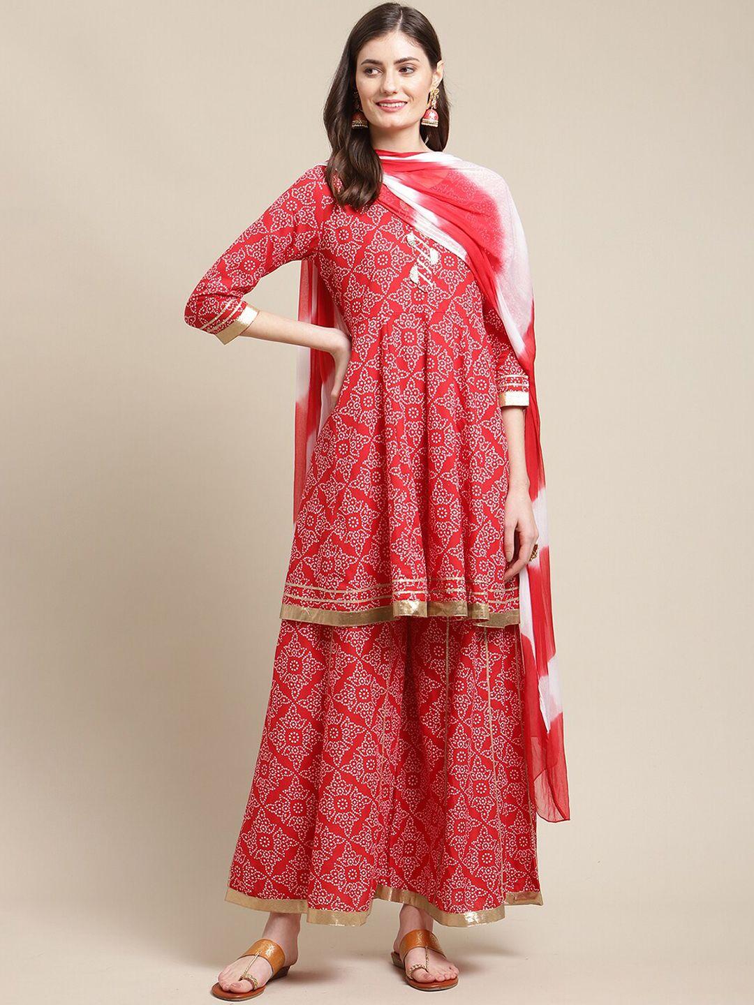 varanga women red ethnic motifs printed gotta patti kurta with sharara & with dupatta