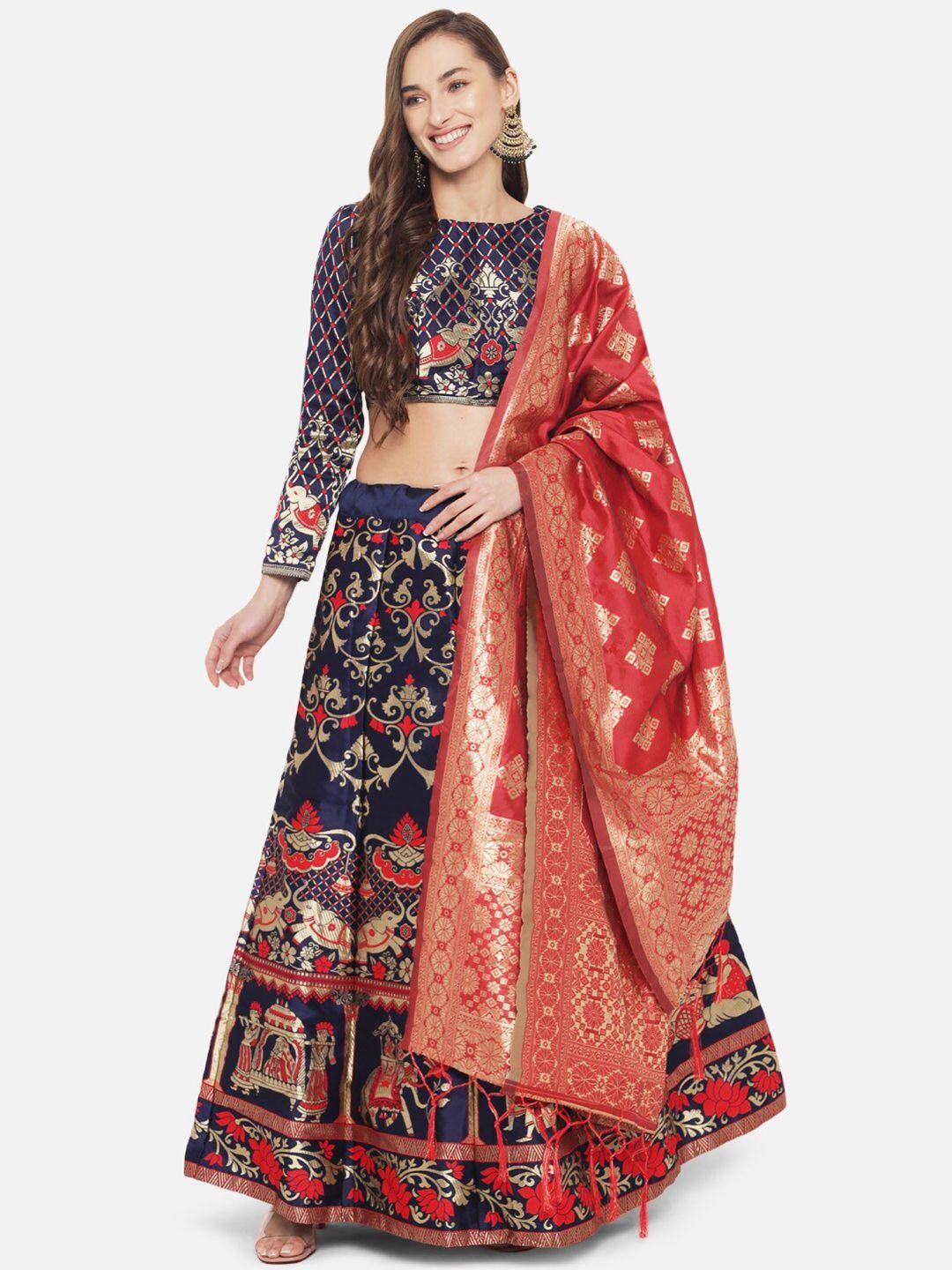 mitera red & navy blue ready to wear banarasi silk lehenga & unstitched blouse & dupatta