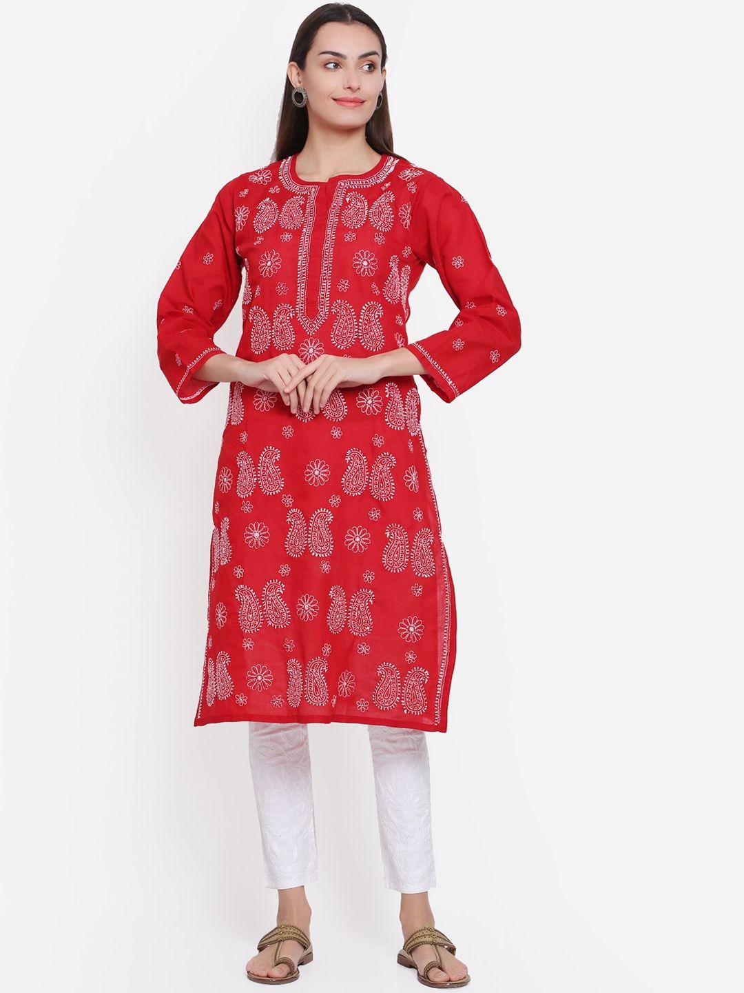 paramount chikan women red ethnic motif hand embroidered chikankari cotton kurta