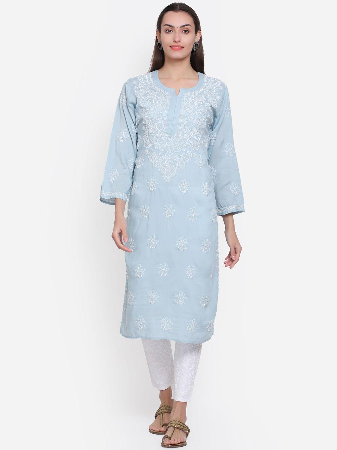 paramount chikan women grey ethnic motif hand embroidered chikankari modal kurta