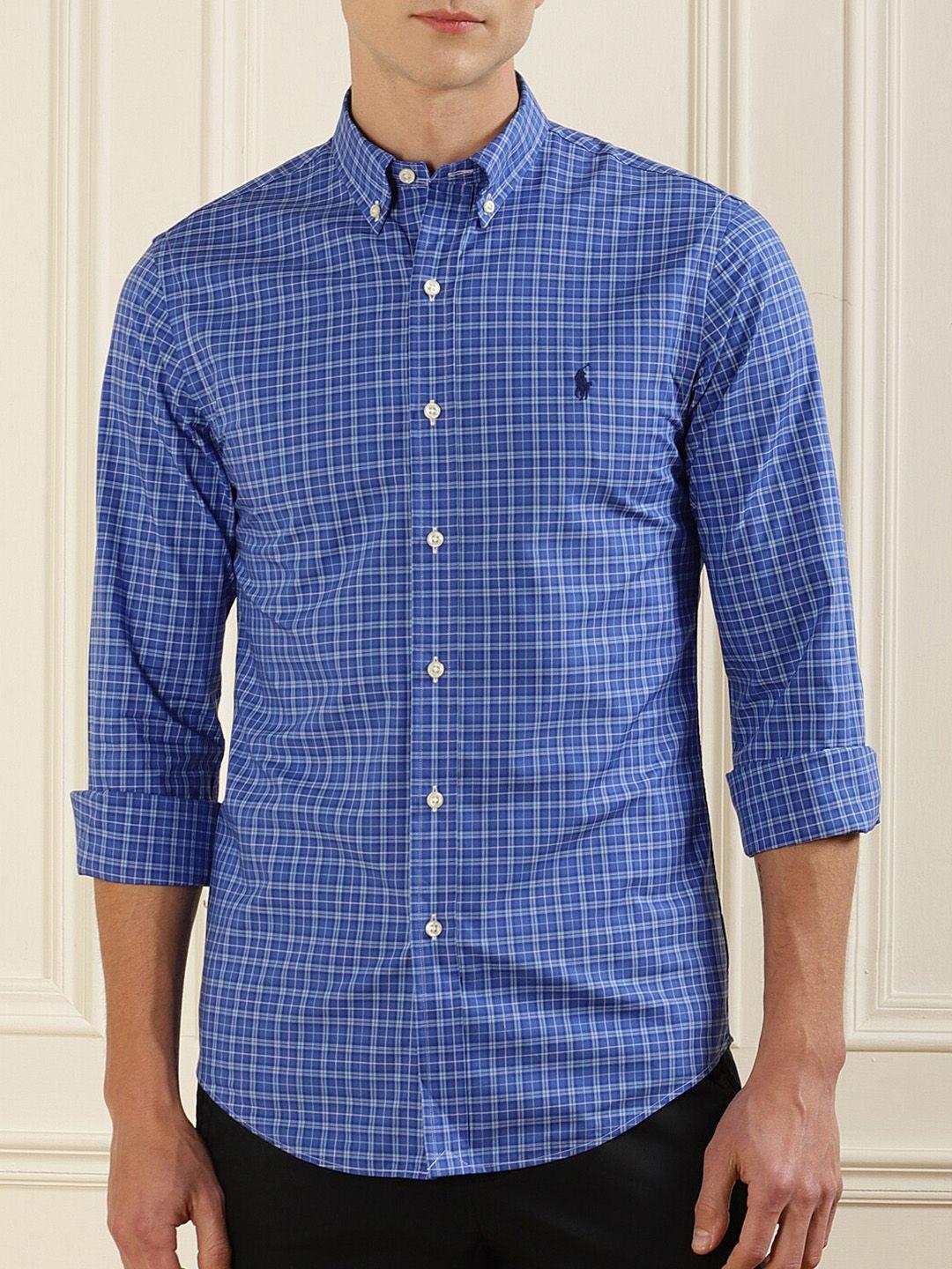 polo ralph lauren men blue grid tattersall checks checked cotton casual shirt