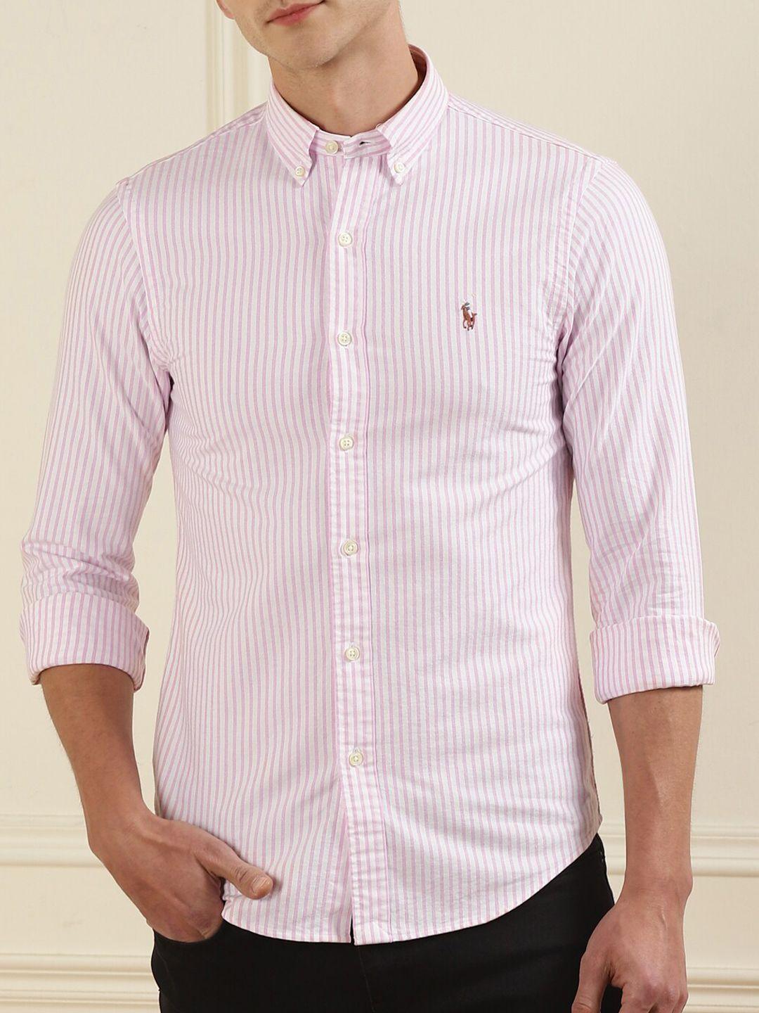 polo ralph lauren men pink slim fit striped pure cotton casual shirt