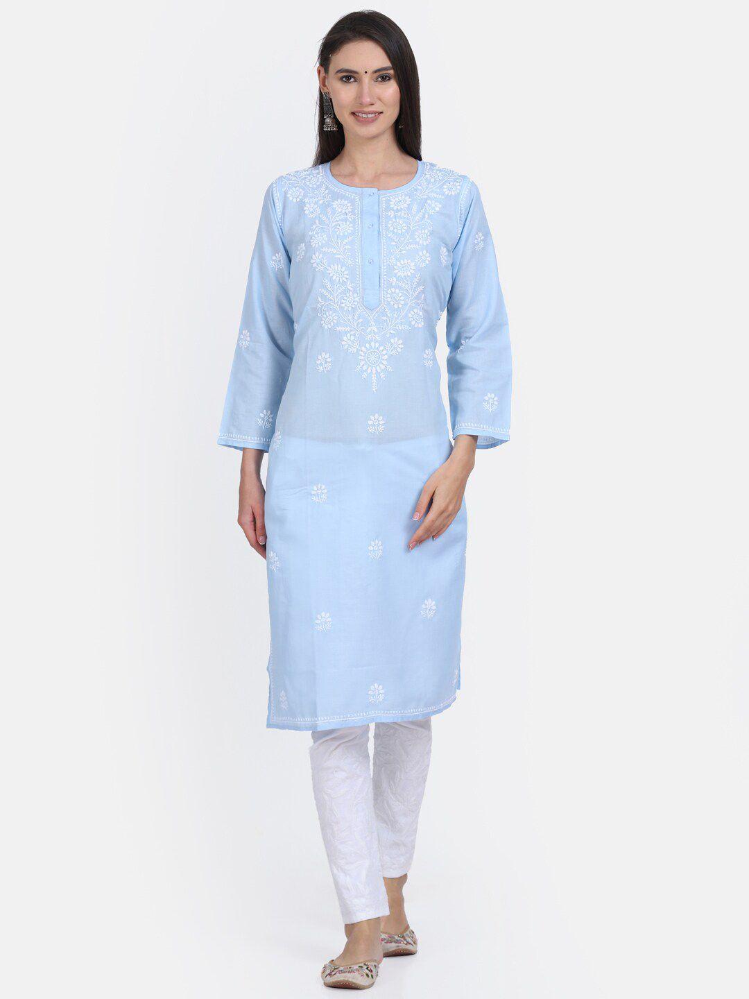 paramount chikan women blue hand embroidered chikankari cotton straight kurta