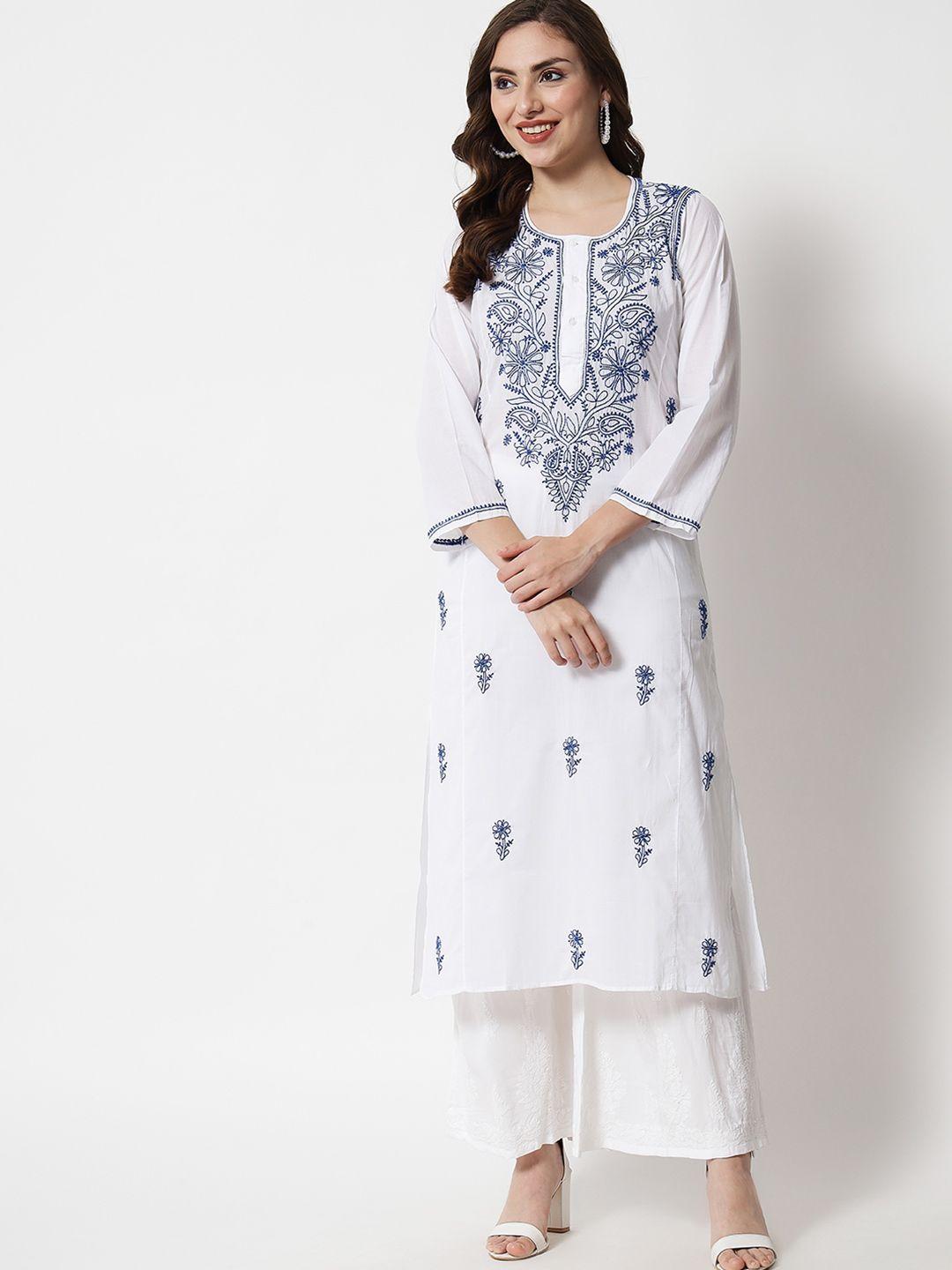 paramount chikan women blue floral embroidered chikankari kurta