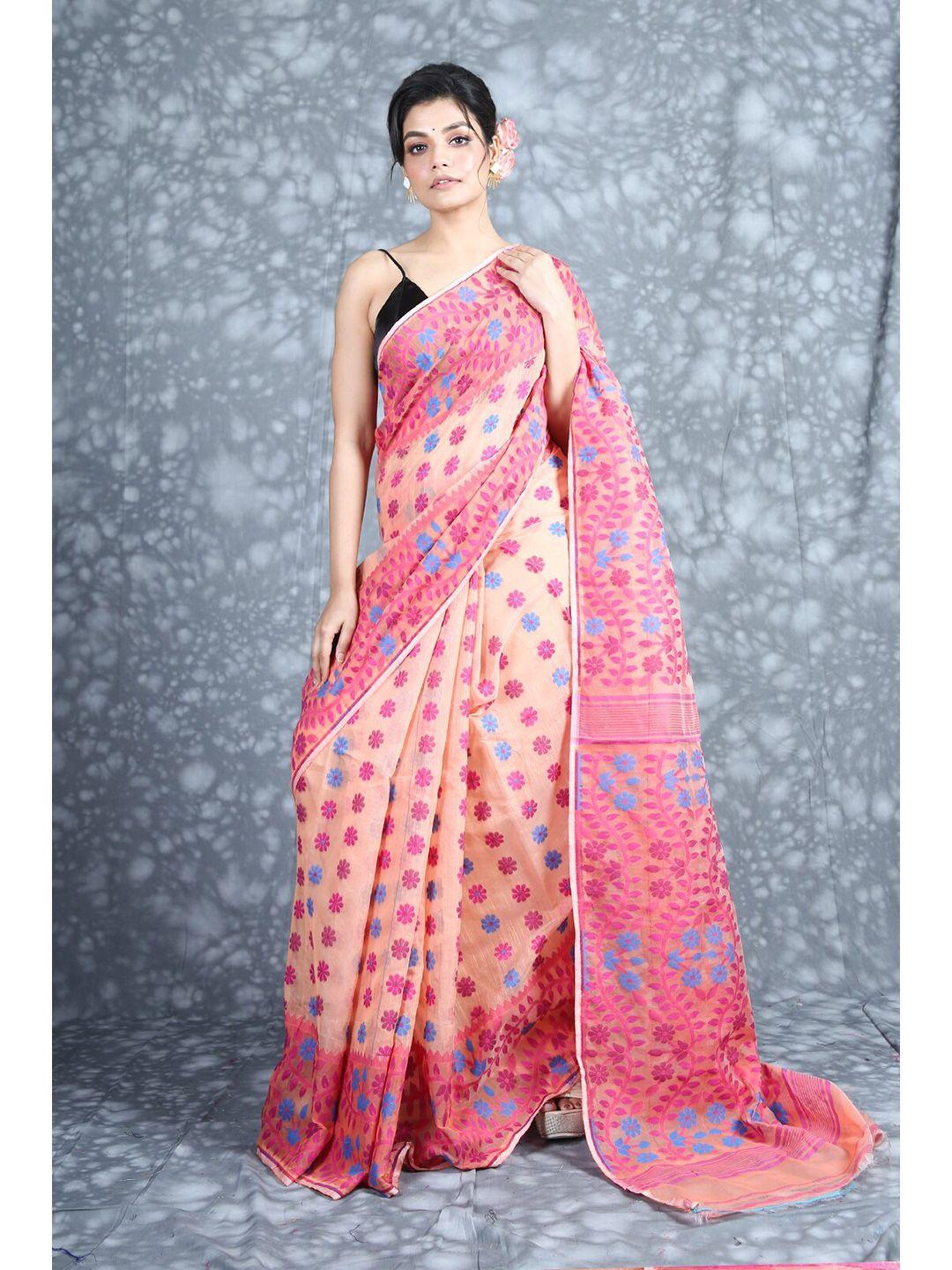 charukriti peach-coloured & orange floral silk cotton jamdani saree