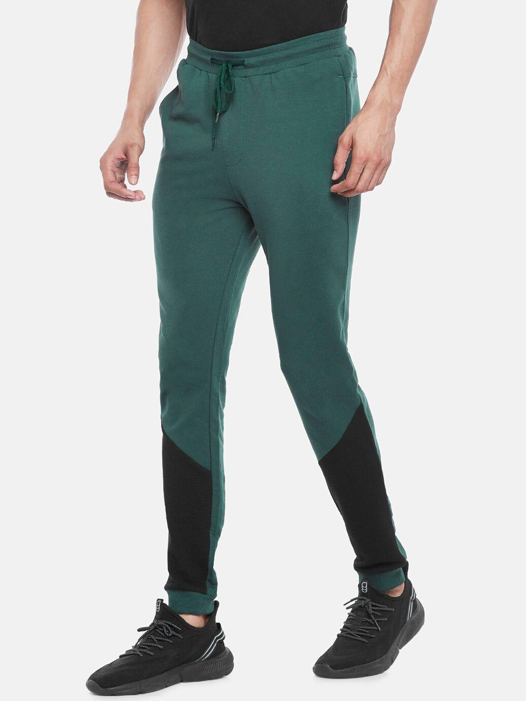 ajile by pantaloons men green & black colourblocked slim-fit pure cotton joggers