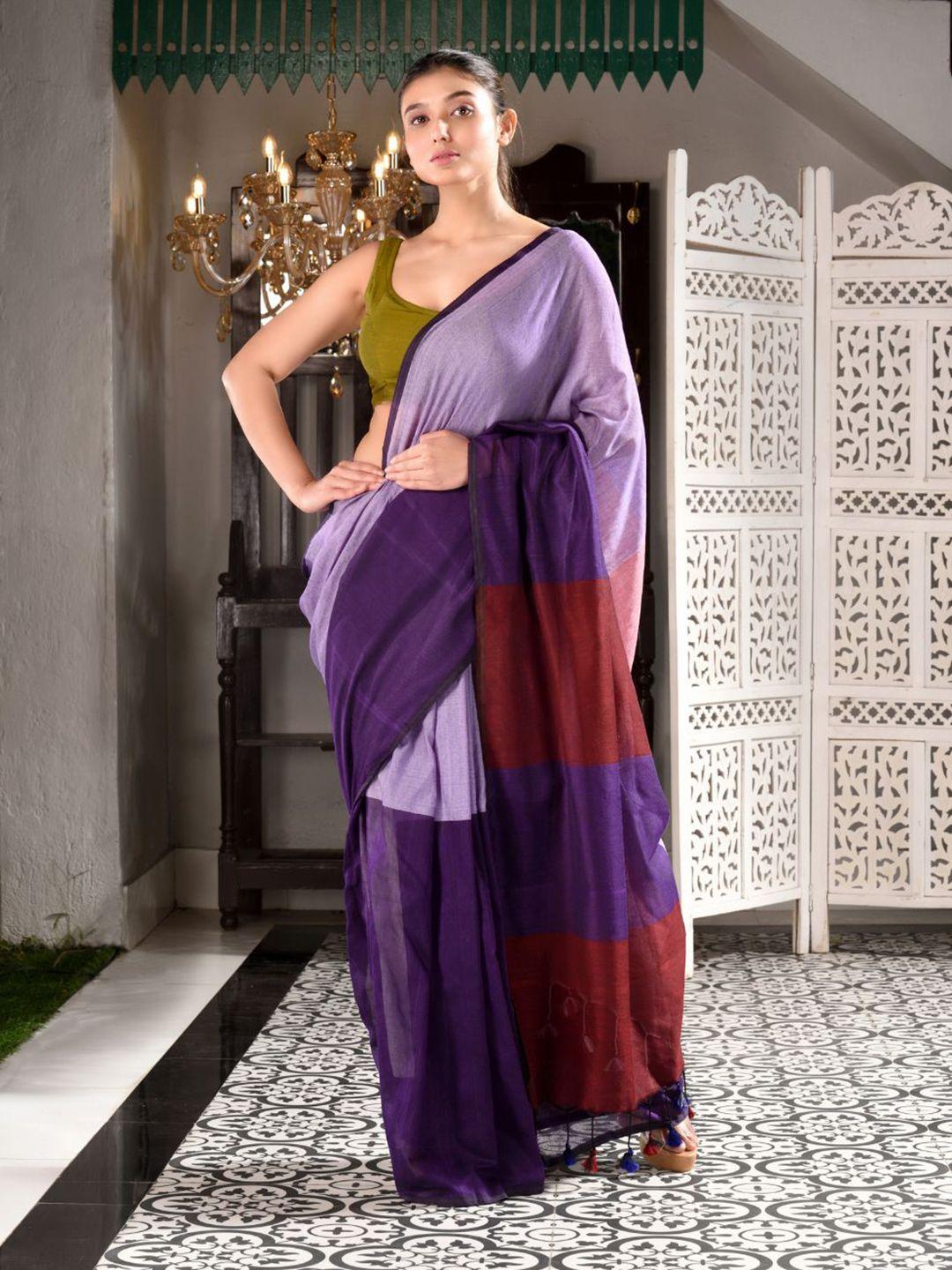 charukriti purple & maroon colourblocked pure cotton saree