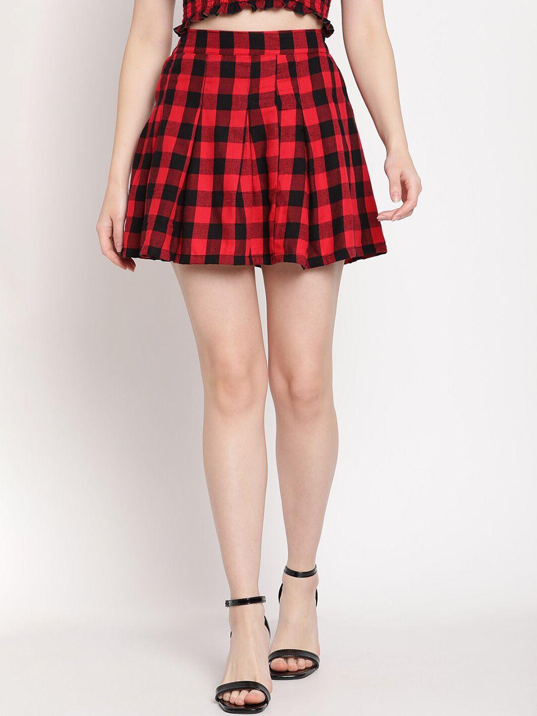 tag 7 women red & black checked a-line above knee skirt