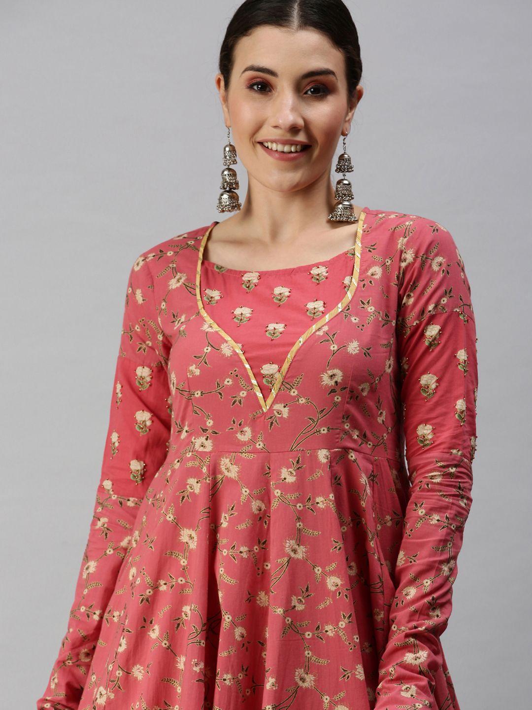 showoff women pink floral printed anarkali kurta