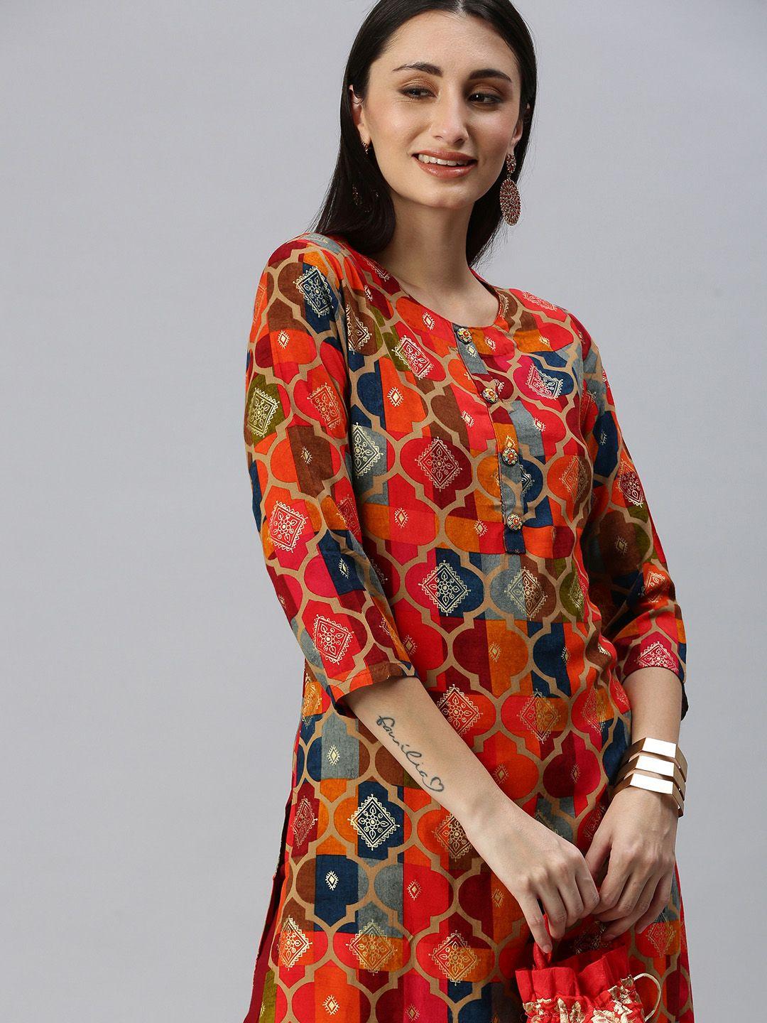 showoff women multicoloured ethnic motifs printed round neck straight kurta with palazzos